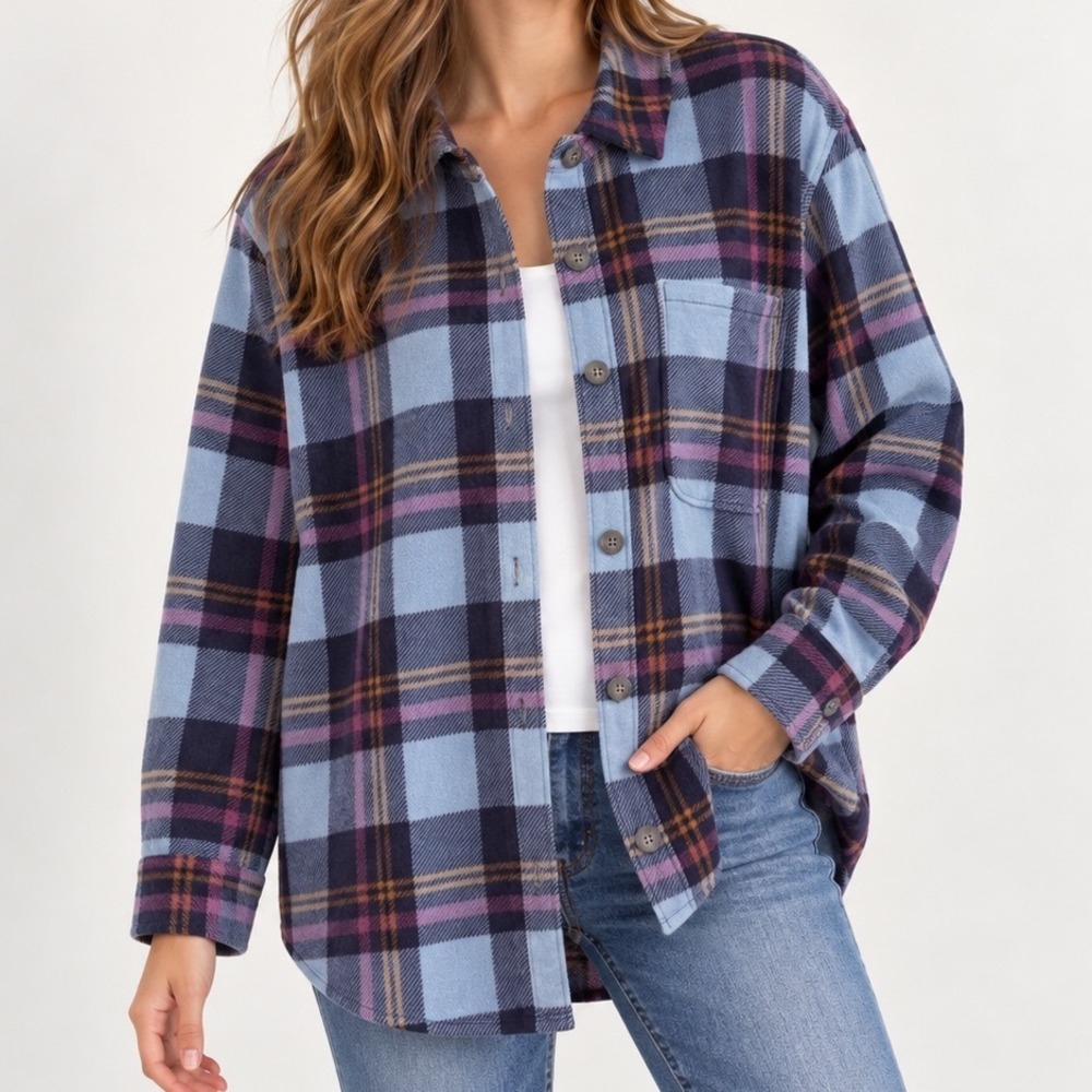 Eddie Bauer XXL Plaid Microfleece Button-Up Shirt Jacket Gorpcore Blue Purple